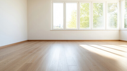 Fototapeta premium Bright and spacious empty room with large windows allowing natural light to fill the space in a modern building, ideal for various activities or decorations