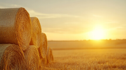 Golden sunset over a field with hay bales stacked under a clear sky showcasing the beauty of rural life during harvest season in the countryside
