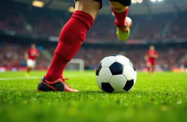 Obraz premium Football player kicks the ball on the football field, close-up. Football match, championship