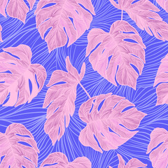 Summer tropic background. Seamless vector tropical illustration with palm leaves. Jungle print.