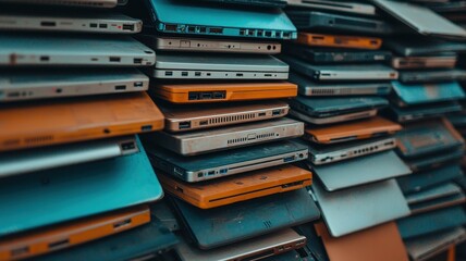 Tech inventory management stacked laptops modern office space digital technology informal atmosphere close-up view efficiency concept