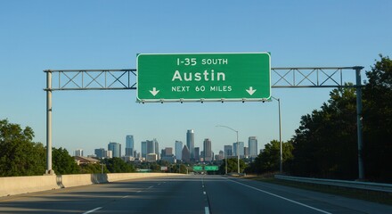 Driving Towards Austin Texas Skyline on I-35 South Interstate Highway