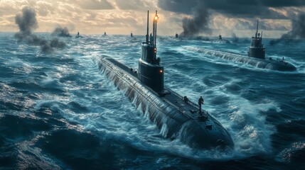 Fototapeta premium Submarines in a Stormy Ocean: Naval Power