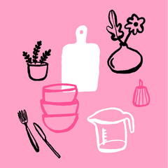 Pink kitchen collage, hand drawn doodles of kitchenware and flowers, pink background with bold graphic cooking elements. Vector template of cute kitchen poster