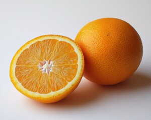 Fresh orange fruit, one whole and one sliced, showcasing vibrant orange color and juicy texture.