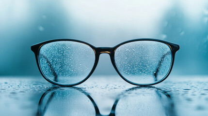 Rain droplets on glasses create a reflective effect in a close-up view showcasing the beauty of a rainy day outdoors