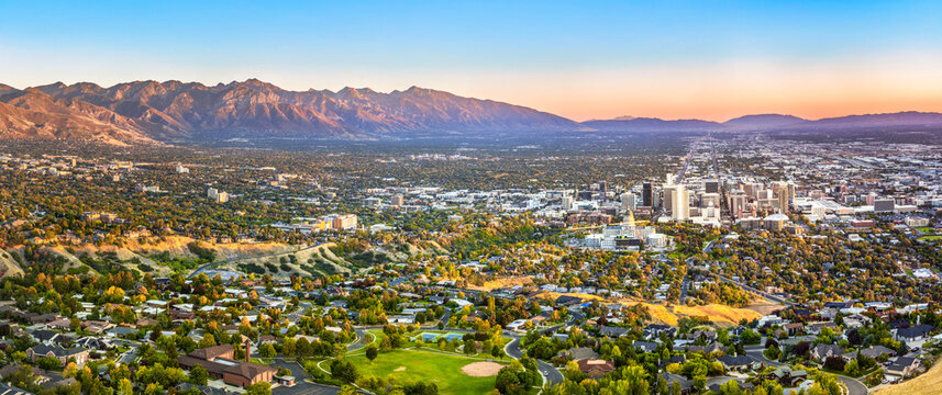 Salt Lake City skyline panorama at sunset. Salt Lake City is the capital and most populous city of the U.S. state of Utah