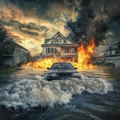 Dramatic disaster scene with a flooded neighborhood engulfed in flames and smoke during twilight hours