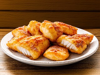 A plate of fish and chips displayed on a table with tartar sauce, lemon wedge, and a rustic wooden background