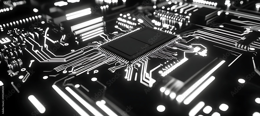 Poster cyber-inspired neon circuitry backdrop featuring a black and white abstract background with a futuri