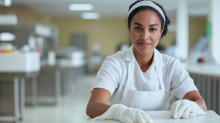 Young chef in a pristine kitchen preparing for a busy service while showcasing professionalism and dedication to culinary arts
