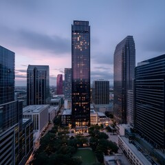 Dawn skyscraper cityscape, Texas, urban development, twilight