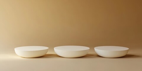 Three white minimalist podiums on beige background.