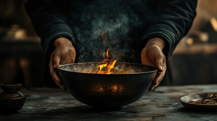 Moody kitchen scene, chef hands gripping wok, fire and heat reflecting off metal surfaces