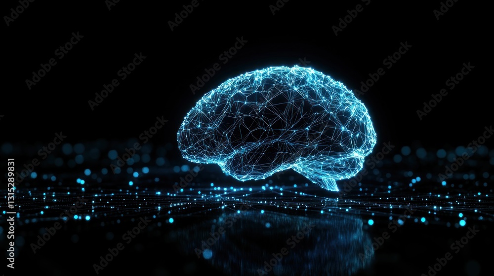 Poster abstract representation of a human brain, illuminated by a glowing network of lines