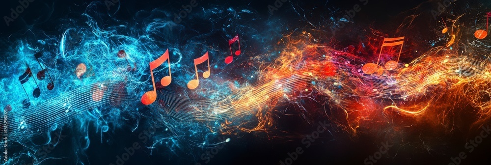 Poster fiery and ethereal musical notes in motion display