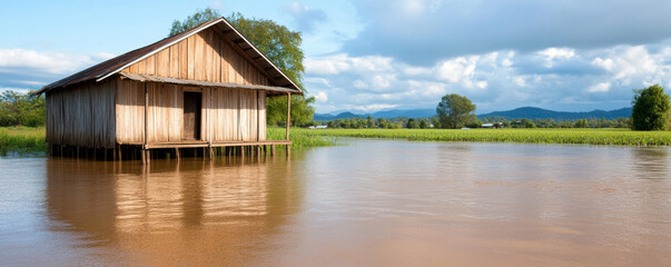 Obraz premium Wooden house on stilts surrounded by calm water and greenery in a tranquil landscape under a bright sky during daylight hours