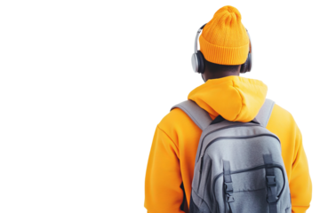 20 year old man in yellow orange hoodie, grey backpack, yellow orange knit hat, grey headphones, african american, on a white background