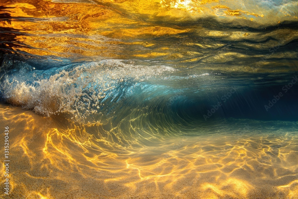 Poster underwater view of a wave breaking, showcasing golden sunlight illuminating the ocean floor and crea