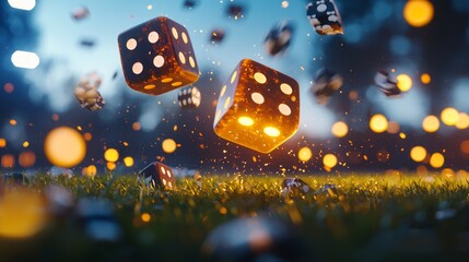 Floating Dice with Bokeh Lights on Grass in a Magical Atmosphere