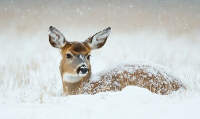 Obraz premium A deer in a snowstorm, struggling to find food