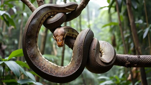 Brown and Beige Snake Coiled on a Branch in the Jungle During Daytime in a Tropical Forest with Lush Green Foliage