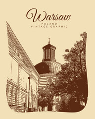 City ancient architecture, Warsaw, Poland. Vintage brown and beige graphics, engraved, vector. Old retro design.