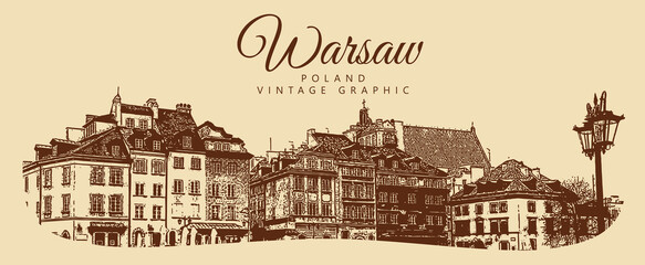 City ancient architecture, Warsaw, Poland. Vintage brown and beige graphics, engraved, vector. Old retro design.