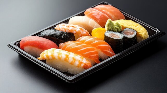 Assorted sushi set in a black takeaway tray. - Powered by Adobe