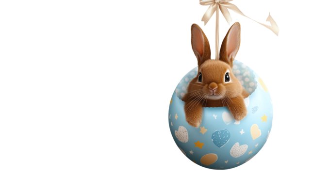 Floating Easter egg balloon with a tiny bunny hanging from a ribbon on a transparent background --ar 16:9