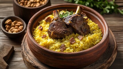 Rustic Home Preparation of Traditional Mansaf: Tender Lamb in Jameed Yogurt Sauce, Saffron Rice, and Garnished Dish on Deep Ceramic and Wooden Platters