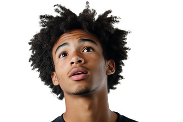 a 18 year old african american male, talking, nonplussed, on a white background