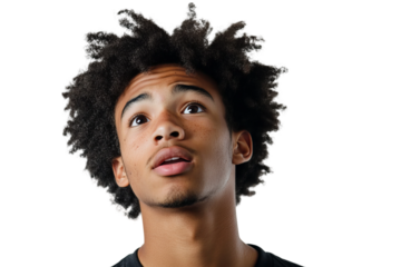 a 18 year old african american male, talking, nonplussed, on a white background