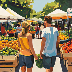 Obraz premium Couple strolling through a vibrant outdoor market, surrounded by fresh produce and bustling activity