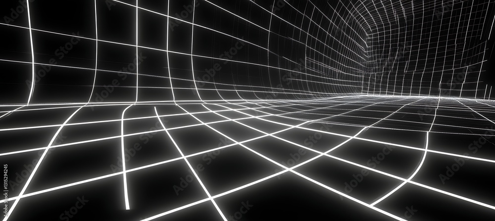 Poster glowing neon grid backdrop in black and white with a complex 3d maze pattern for a digital backgroun