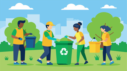 Volunteers install new trash and recycling bins promoting a cleaner and greener park environment. Vector illustration