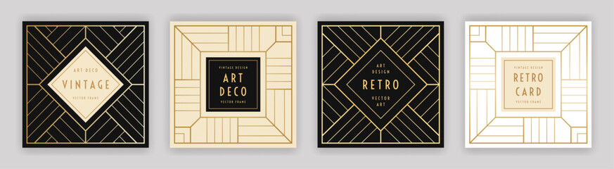 Retro geometric outline decorations. Art Deco vintage style frame set. Black, white, beige cards geometry design. Linear gold coloured elements. EPS 10 vector illustration.
