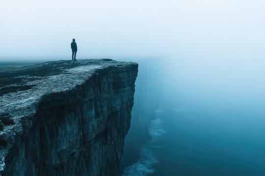 Solitary figure stands at cliff edge, gazing into misty ocean.  A sense of contemplation and vastness. - Powered by Adobe