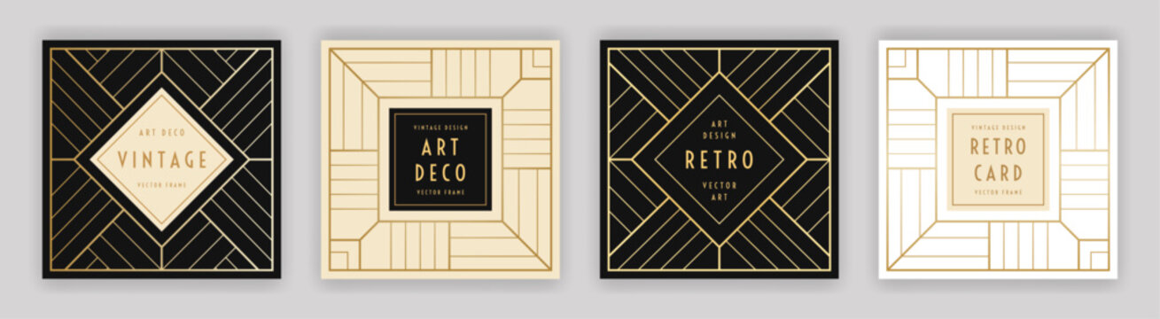 Retro geometric outline decorations. Art Deco vintage style frame set. Black, white, beige cards geometry design. Linear gold coloured elements. EPS 10 vector illustration.