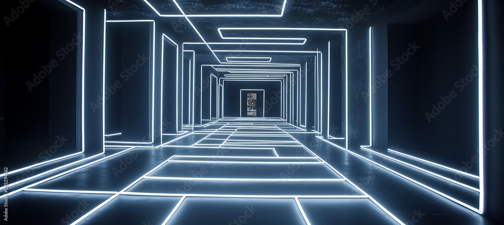 Poster luminous black and white neon grids creating a mesmerizing cyber background with an infinite perspec