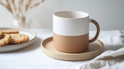 A high-quality ceramic mug with a minimalist design, placed next to a plate of cookies, on a white isolated background