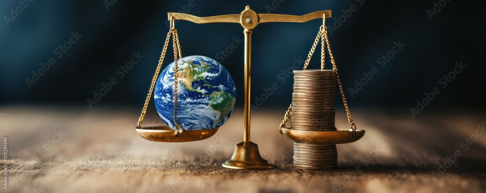 Poster a globe sits on one side of a golden scale while a stack of coins is on the other. the scale is bala