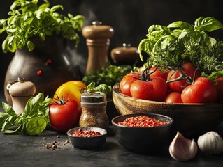 Bowl of ripe tomatoes, fresh basil, and garlic cloves gathered together for creating authentic italian cuisine