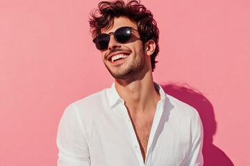 Obraz premium Happy Smiling Man Wearing Sunglasses Stylish White Shirt Summer Fashion Portrait Pink Background Casual Model Attractive Male Outdoors Lifestyle 