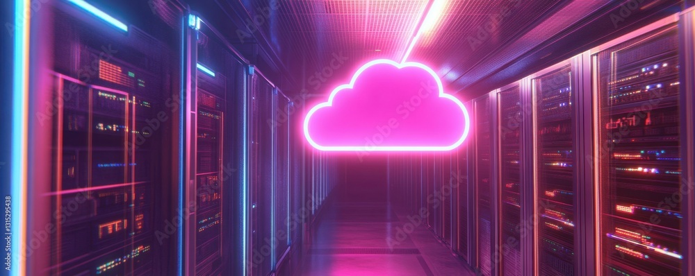 Poster a glowing cloud icon hovers above a server room, symbolizing cloud computing and data storage.