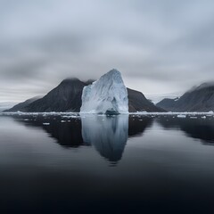 Greenland iceberg reflecting, calm sea, mountains, overcast