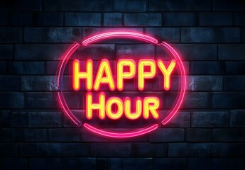 Obraz premium Neon Happy Hour Sign on Dark Brick Wall