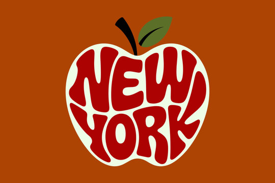 Retro-style logo of New York City featuring an oversized apple with bold lettering.