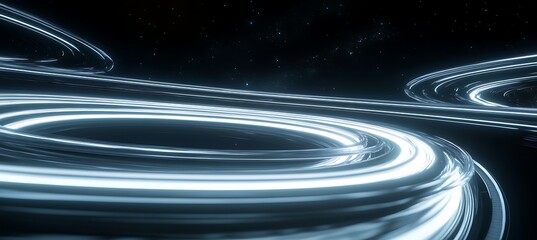 Abstract black and white neon rings forming a glowing cosmic horizon with a futuristic backdrop and modern background.