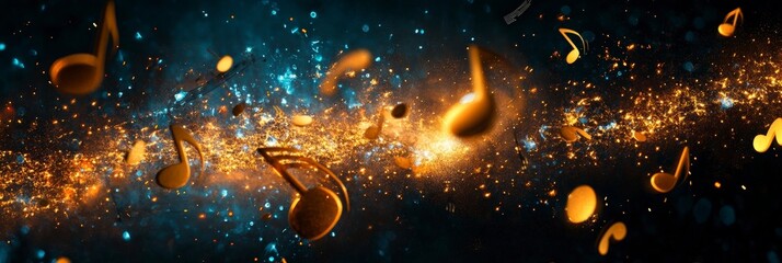 Golden notes hover in starry cosmic arena of sound